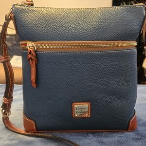 Dooney & Bourke Blue Pebbled Leather Crossbody with Brown Trim